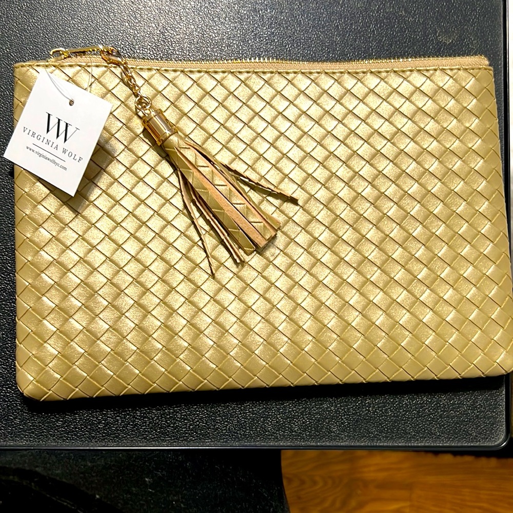 Virginia Wolf CLUTCH Bag Mimi Woven Pouch w Tassel Gold NEW